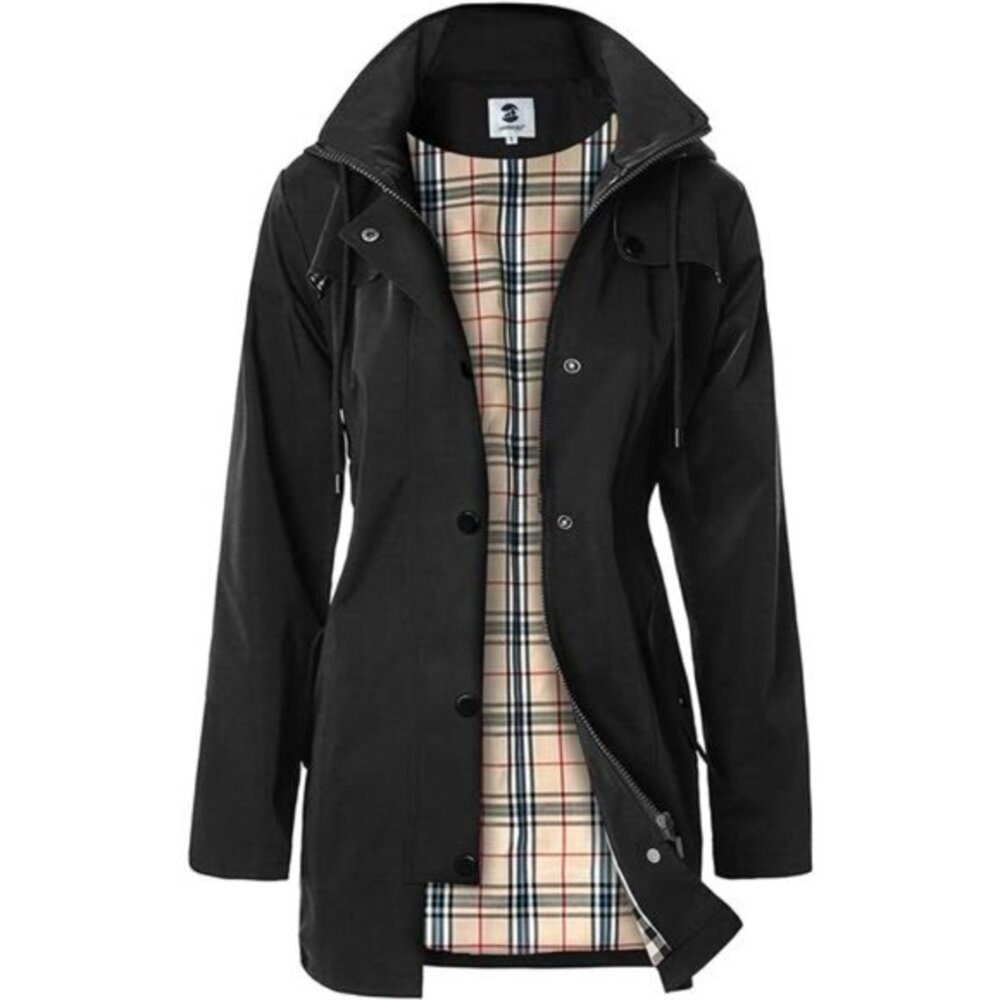 Women's Long Hooded Rain Jacket - Waterproof Outdoor Raincoat Windbreaker, Black